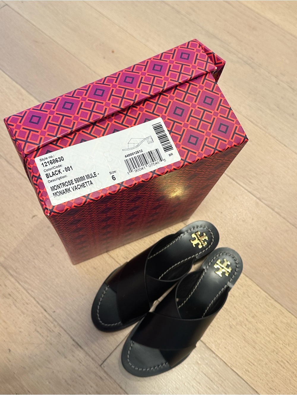 Tory Burch Black Leather Crisscross Slide Mules with Gold Logo - Picture 3 of 4